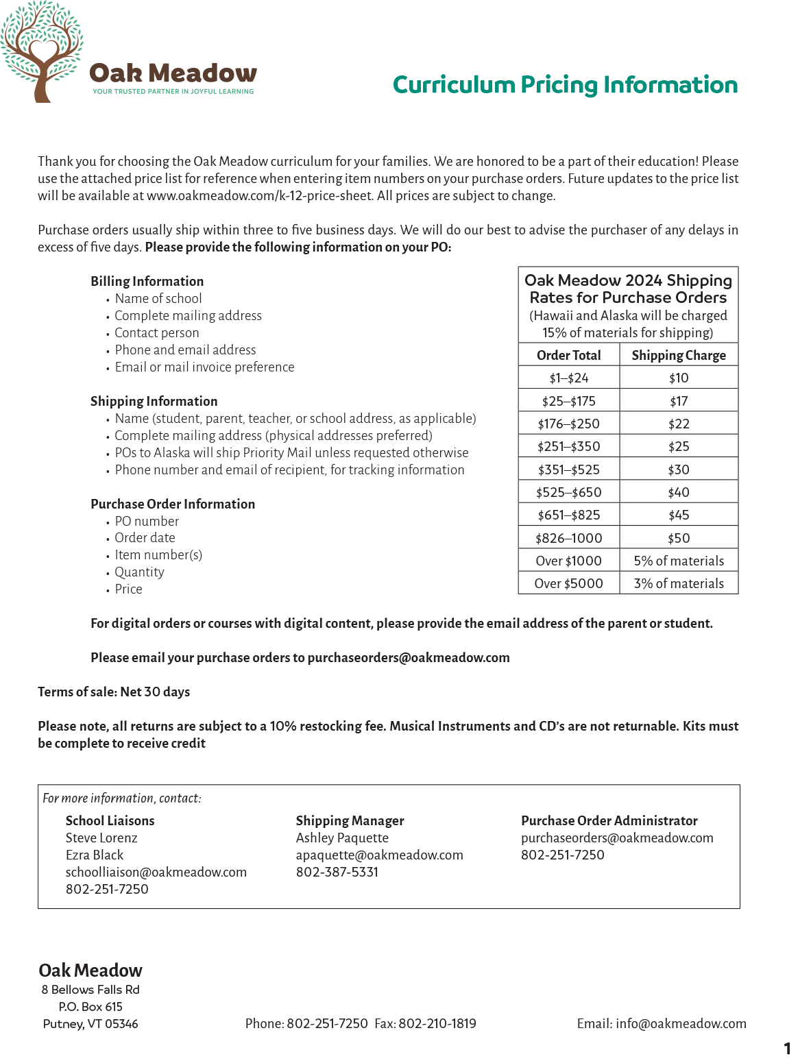 Oak Meadow Price List Sheet
